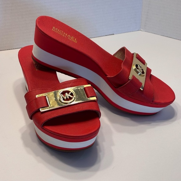 Michael Michael Kors Women's Wedges Sandals Slip On SZ 8 Red White Gold MK Accen - Picture 7 of 12